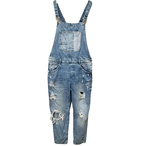 ZARA Overalls Medium Distressed Ankle Crop Light Blue Womens Ripped Jeans - Picture 1 of 14